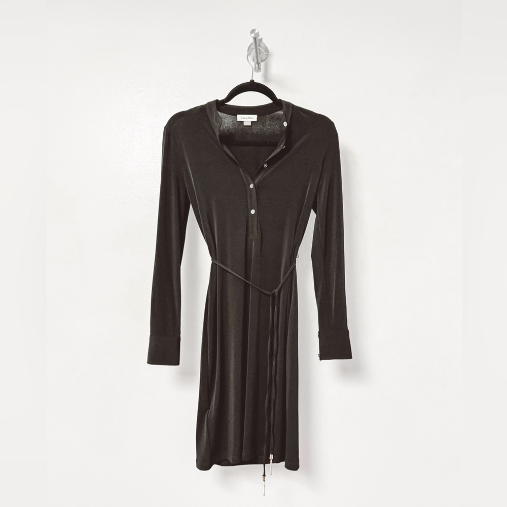 NWOT Calvin Klein Long Sleeve Fall Preppy Chic‎ Button Detail Midi Dress Black